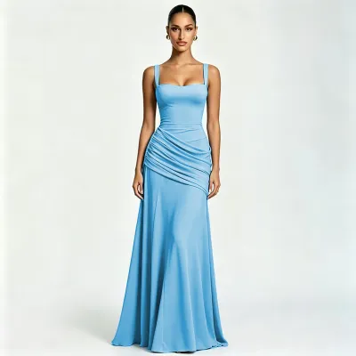 Women'S Fashion Elegant Solid Color Sleeveless Waist Swing Strap Party Dress