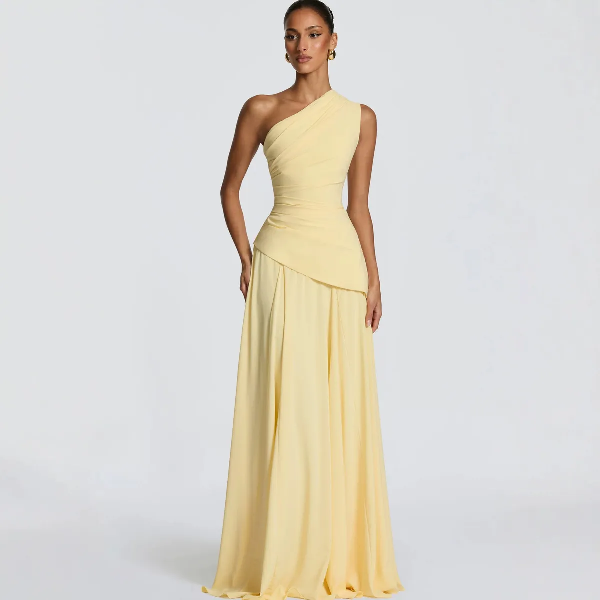 Women Fashion Elegant Summer Solid Color Slant -Shoulder Sleeveless Pleated Waist Stitching Large Swing Party Dress