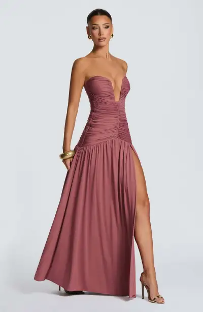 Women'S Fashion Elegant Solid Color Sexy Tube Top High Split Pleated Slim-Fit Party Dress
