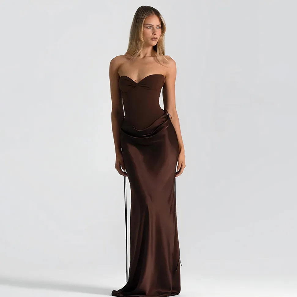 Women'S Fashion Elegant Solid Color Satin Fishbone Tight Waist Slim-Fit Party Dress