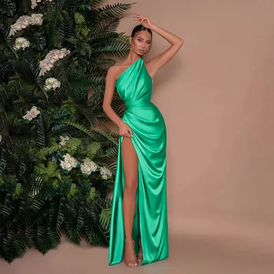 Women Fashion Elegant Solid Color Satin One Shoulder Tight Waist Split Party Dress