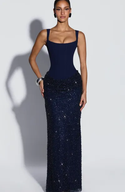 Women'S Fashion Elegant Solid Color Sequin Stitching Square Collar Fishbone Waist Tie Party Dress