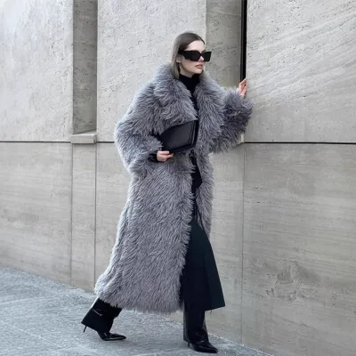 Autumn And Winter Women Fashion Solid Color Imitation Fur Long Coat