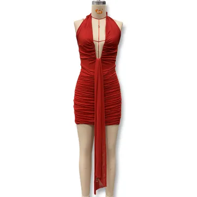 Women Fashion Sexy Spring And Summer Leopard Deep V Neck Backless Slim-Fit Dress