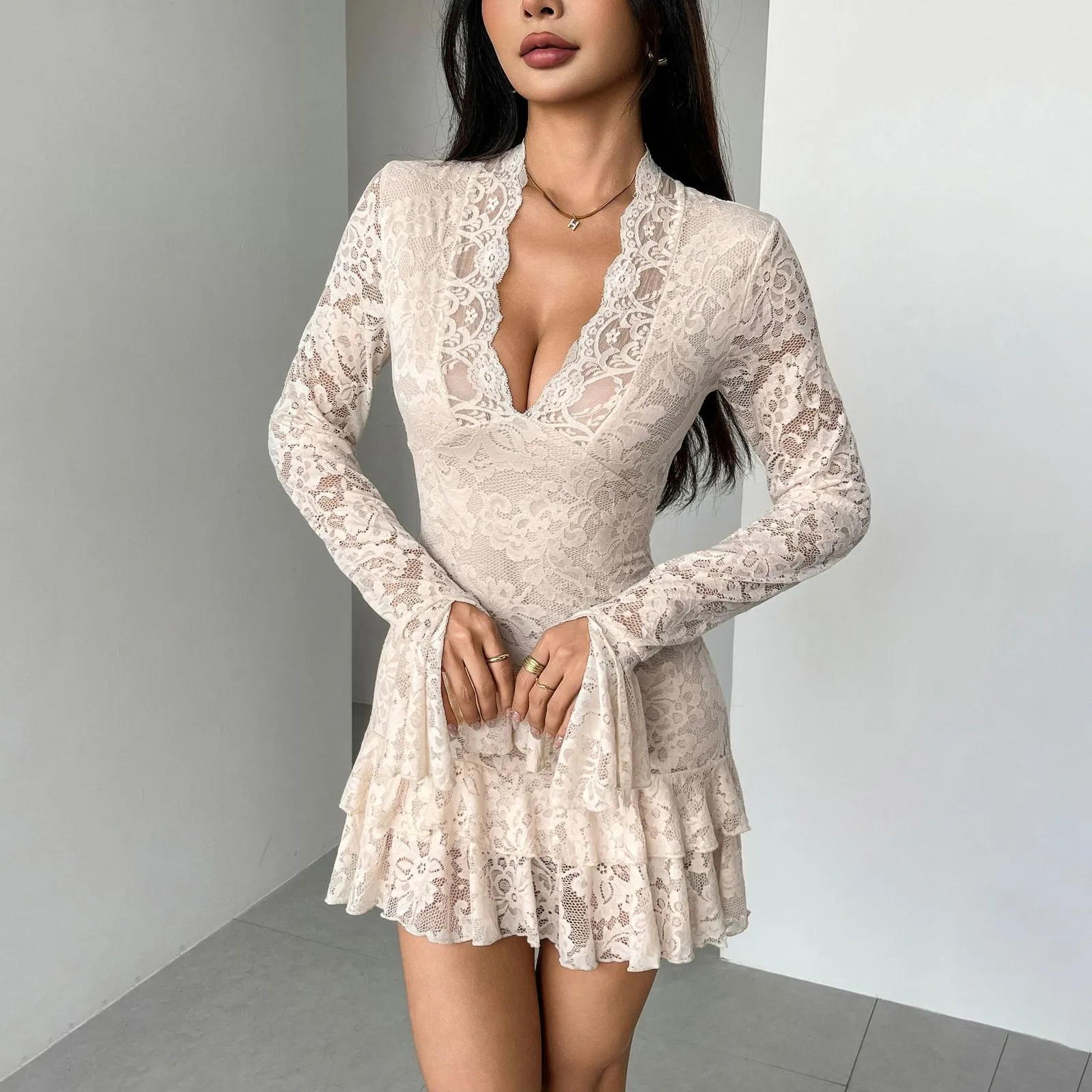 Women Fashion Sexy Solid Color Lace V-Neck Long-Sleeve Double-Layer Ruffled Slim-Fit Dress