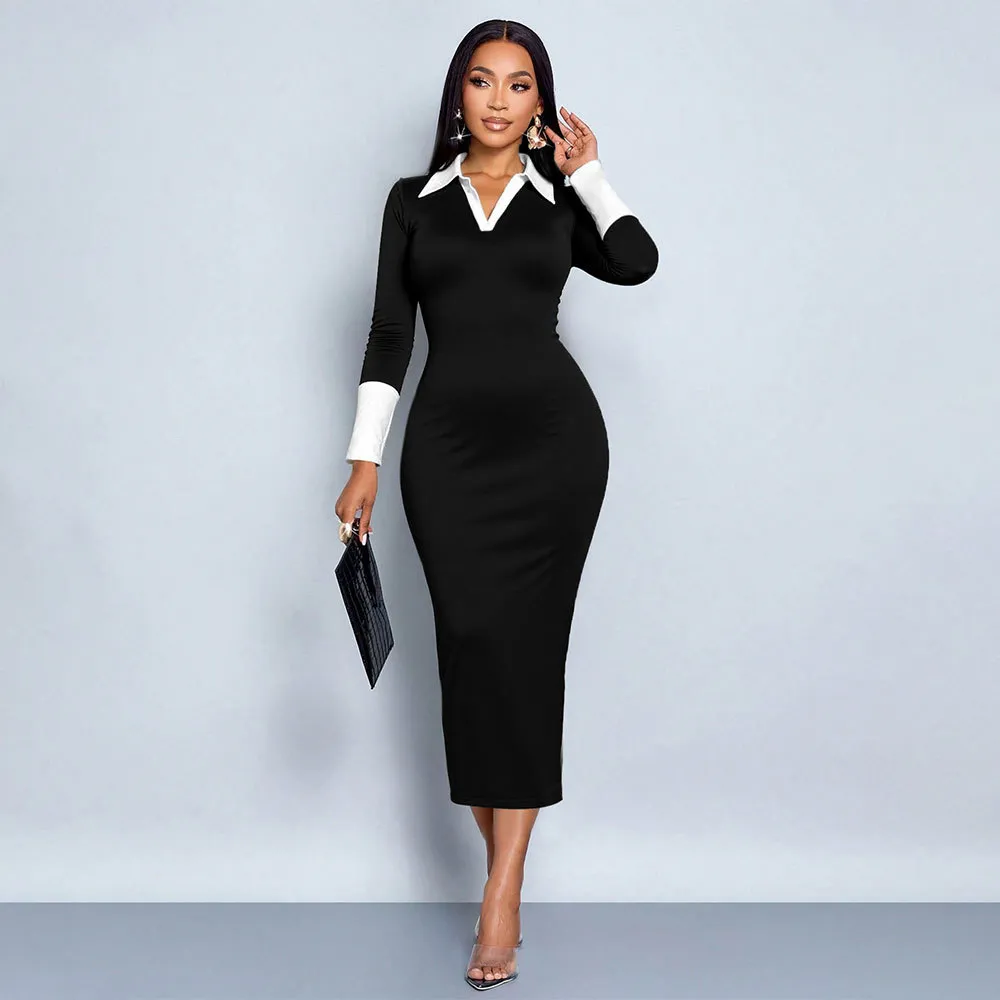 Women Fashion Elegant Color Block V-Neck Lapel Stitching Long-Sleeve Tight Dress