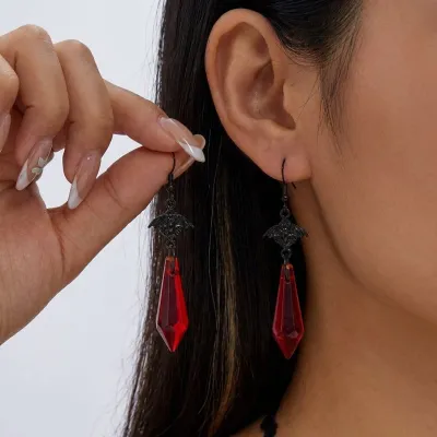 Women Fashion Halloween Dark Bat Crystal Pendant Earrings