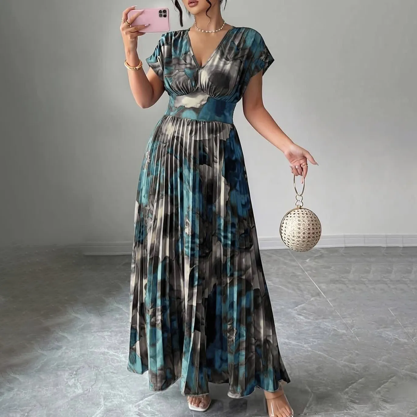 Women Fashion Casual Plus Size Summer Printed V-Neck Print Waist A-Line Dress