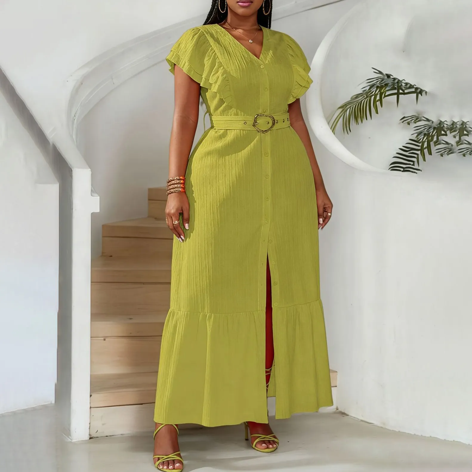 Women Fashion Casual Plus Size Summer Solid Color V-Neck Flying Sleeve Mid-Length Dress
