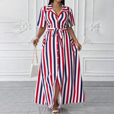 Women Fashion Casual Plus Size Summer Stripe Print Lapel Short-Sleeve Mid-Length Dress