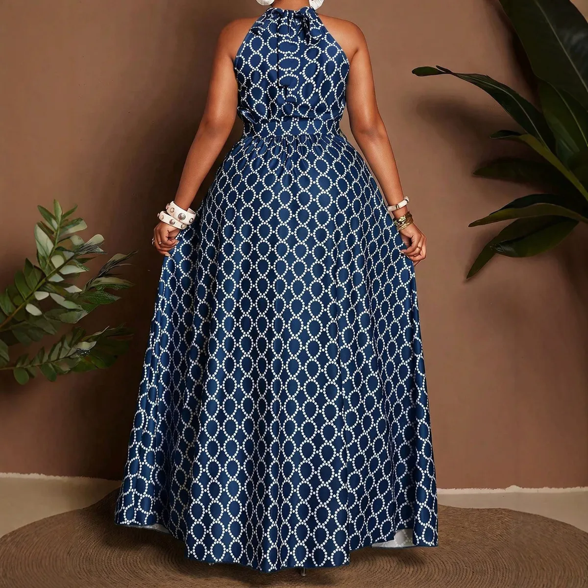 Woemn Fashion Plus Size Summer Printed Halter-Neck Sleeveless Tight Waist Split A-Line Dress