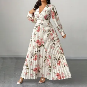 Women Fashion Elegant Plus Size Autumn Floral Printed V-Neck Long-Sleeve A-Line Pleated Dress
