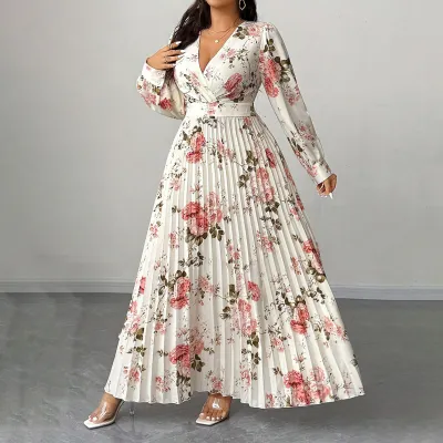 Women Fashion Elegant Plus Size Autumn Floral Printed V-Neck Long-Sleeve A-Line Pleated Dress