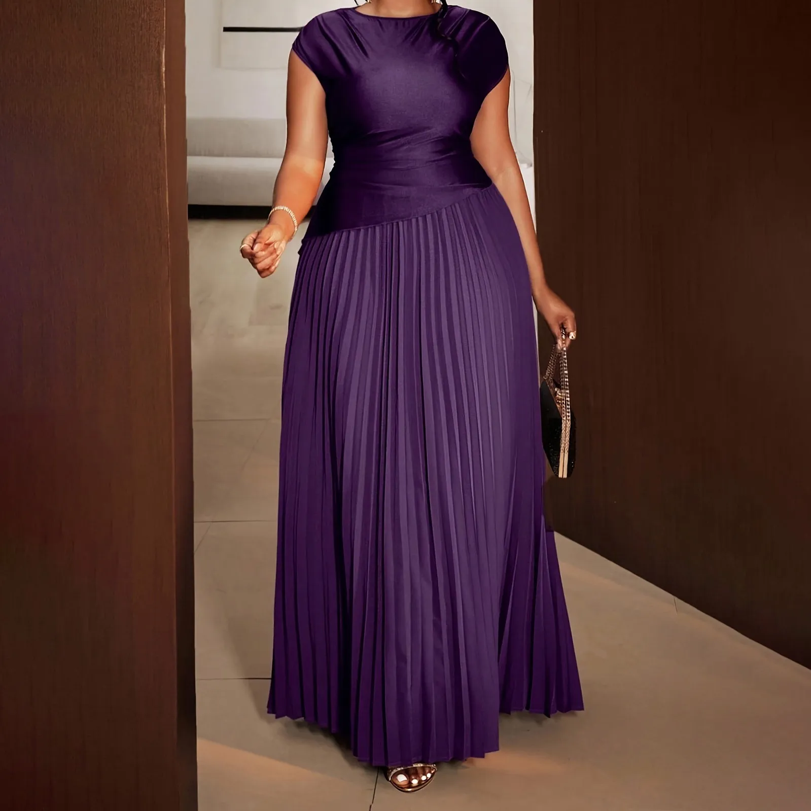 Women Fashion Elegant Plus Size Summer Solid Color Stitching Sleeveless A-Line Dress