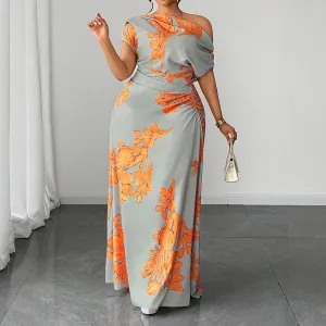 Women Fashion Elegant Plus Size Summer Print Slanted Shoulders A-Line Mid-Length Dress