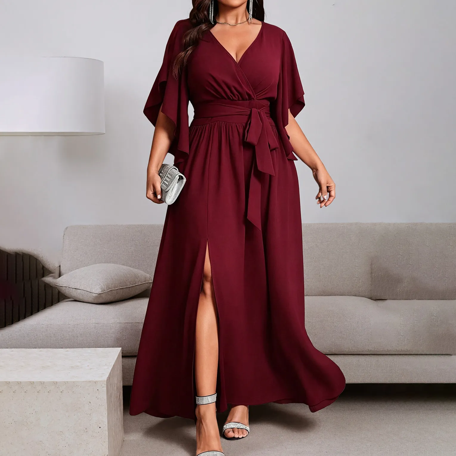 Women Fashion Elegant Plus Size Solid Color V-Neck Short-Sleeve Ruffled Side Split Tie-Up Dress