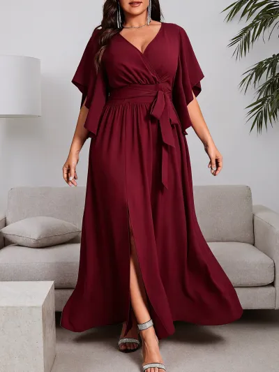 Women Fashion Elegant Plus Size Solid Color V-Neck Short-Sleeve Ruffled Side Split Tie-Up Dress