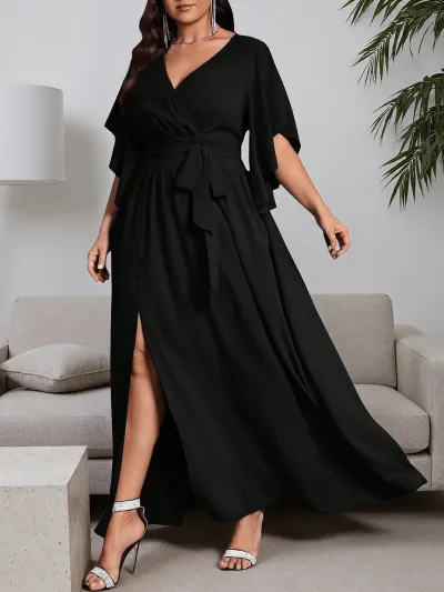 Women Fashion Elegant Plus Size Solid Color V-Neck Short-Sleeve Ruffled Side Split Tie-Up Dress