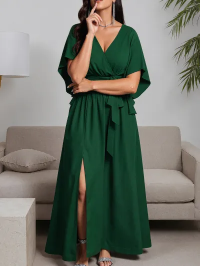 Women Fashion Elegant Plus Size Solid Color V-Neck Short-Sleeve Ruffled Side Split Tie-Up Dress