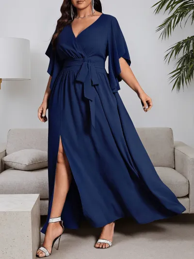 Women Fashion Elegant Plus Size Solid Color V-Neck Short-Sleeve Ruffled Side Split Tie-Up Dress