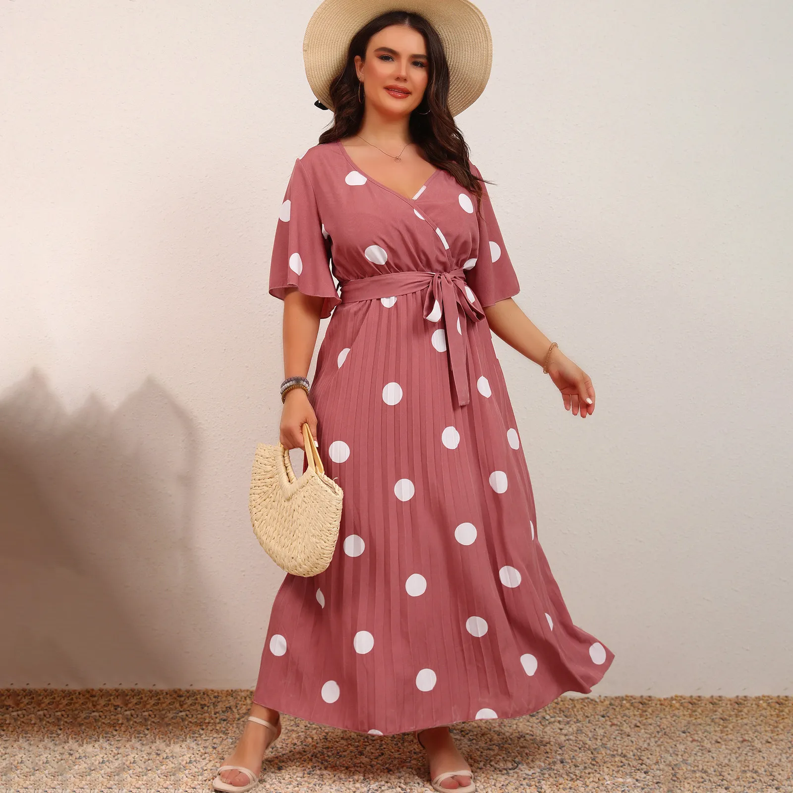 Women Fashion Casual Plus Size Summer Polka Dot Print V-Neck Short-Sleeve Lace-Up Pleated A-Line Dress