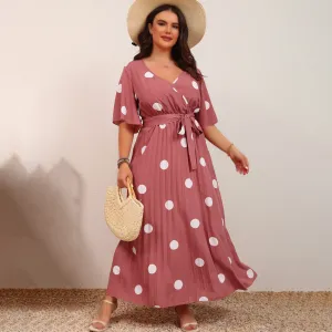 Women Fashion Casual Plus Size Summer Polka Dot Print V-Neck Short-Sleeve Lace-Up Pleated A-Line Dress