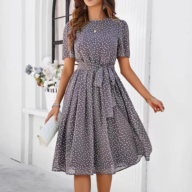 Women'S Fashion Casual Spring And Summer Polka Dot Print Short-Sleeve Lace-Up A-Line Dress