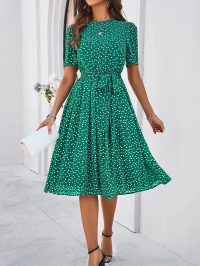 Women'S Fashion Casual Spring And Summer Polka Dot Print Short-Sleeve Lace-Up A-Line Dress