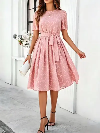 Women'S Fashion Casual Spring And Summer Polka Dot Print Short-Sleeve Lace-Up A-Line Dress