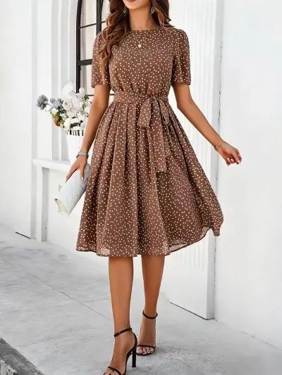 Women'S Fashion Casual Spring And Summer Polka Dot Print Short-Sleeve Lace-Up A-Line Dress