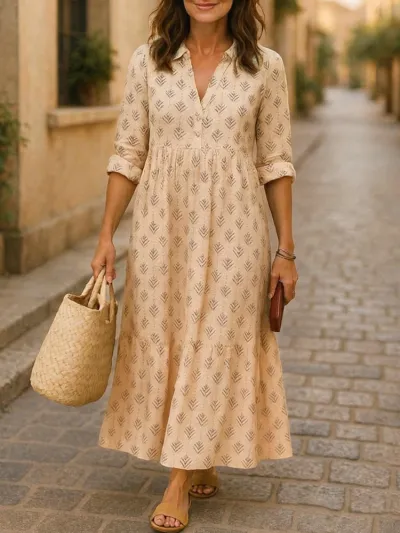 Women'S Fashion Casual Printed Lapel Long Sleeve Loose A-Line Dress