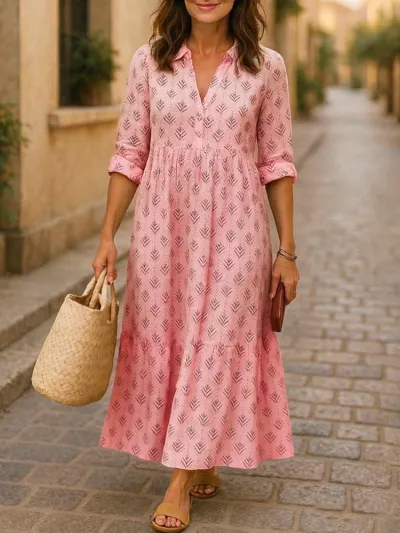 Women'S Fashion Casual Printed Lapel Long Sleeve Loose A-Line Dress