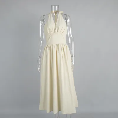 Women Fashion Casual Solid Color Cotton Spring And Summer Halter-Neck V-Neck Tight Waist Strap A-Line Dress
