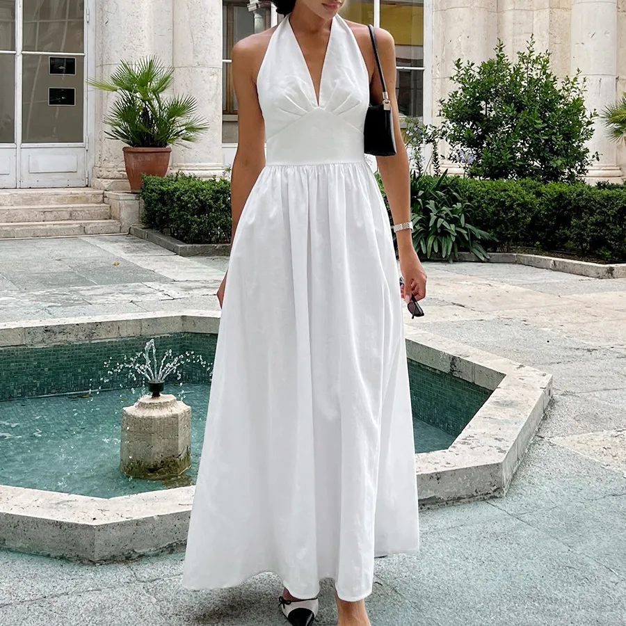 Women Fashion Casual Solid Color Cotton Spring And Summer Halter-Neck V-Neck Tight Waist Strap A-Line Dress
