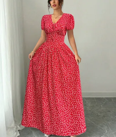 Women Fashion Casual Summer Flower Printed V-Neck Short-Sleeve A-Line Dress