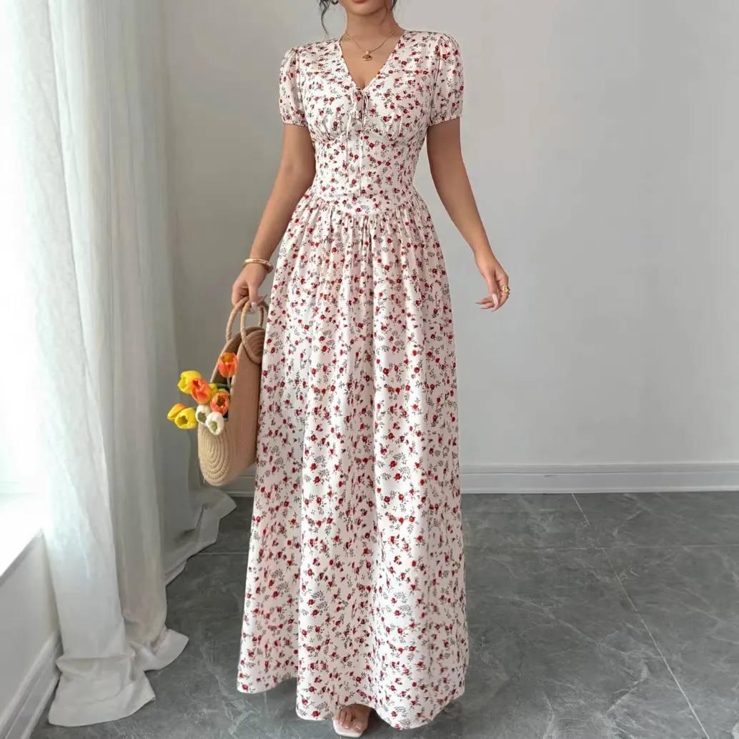 Women Fashion Casual Summer Flower Printed V-Neck Short-Sleeve A-Line Dress