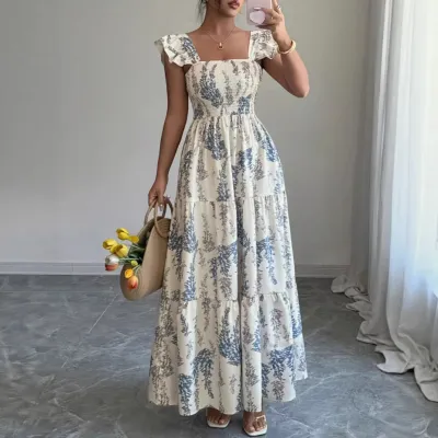 Women Fashion Casual Summer Flower Printed Square-Neck Short-Sleeve Tight Waist Long Dress