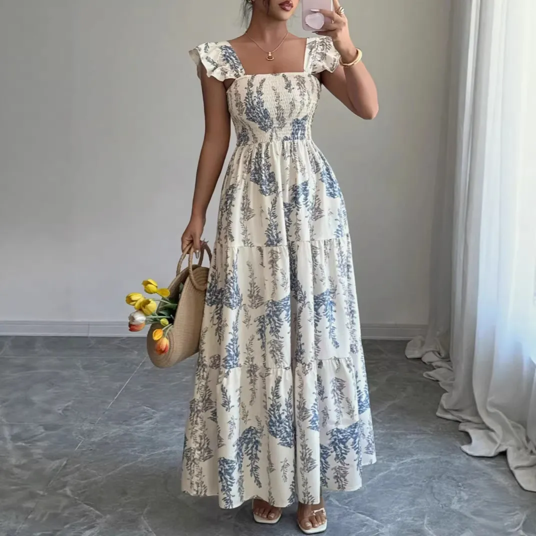 Women Fashion Casual Summer Flower Printed Square-Neck Short-Sleeve Tight Waist Long Dress