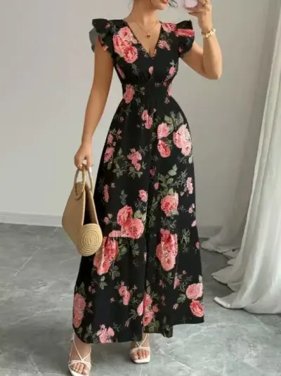 Women Fashion Casual Elegant Summer Floral Print Hem V-Neck Short-Sleeve A-Line Dress