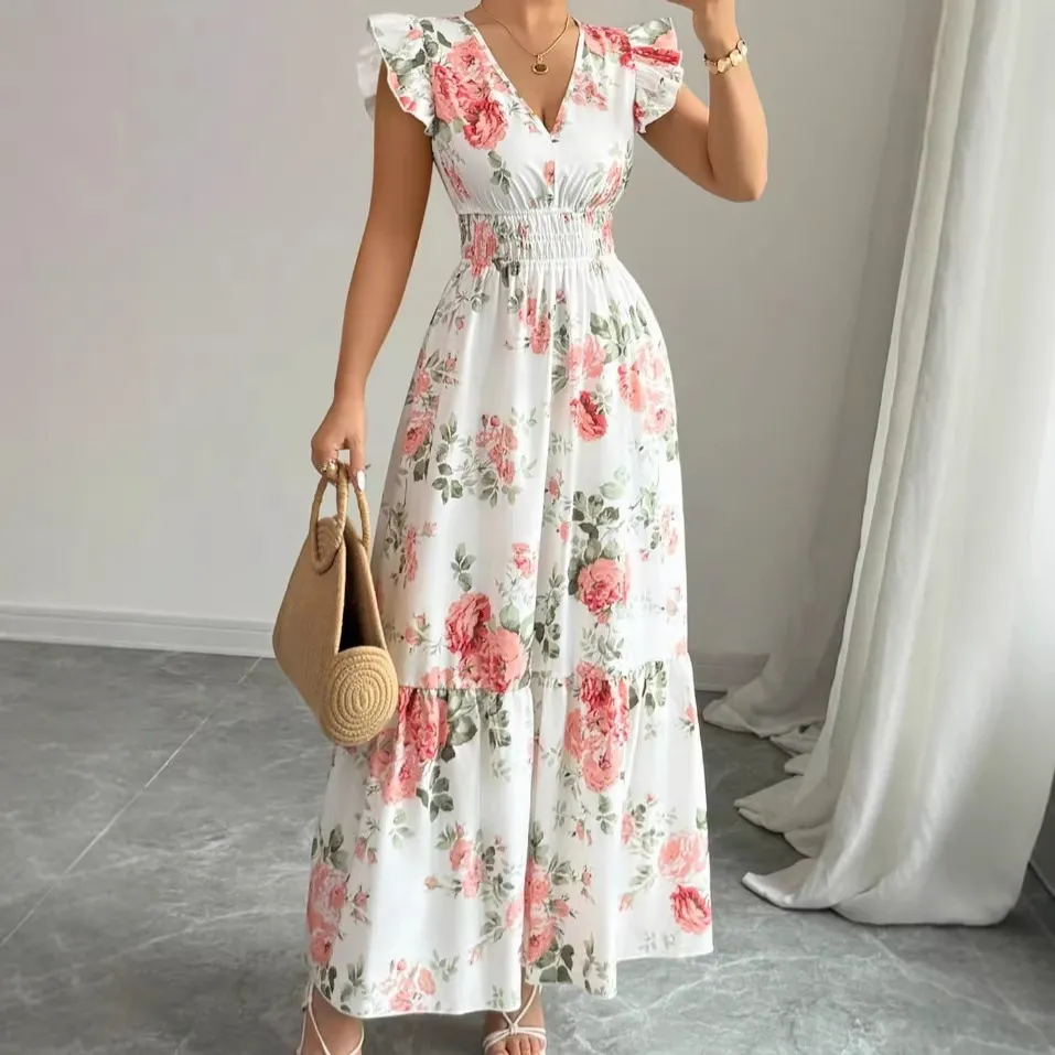 Women Fashion Casual Elegant Summer Floral Print Hem V-Neck Short-Sleeve A-Line Dress