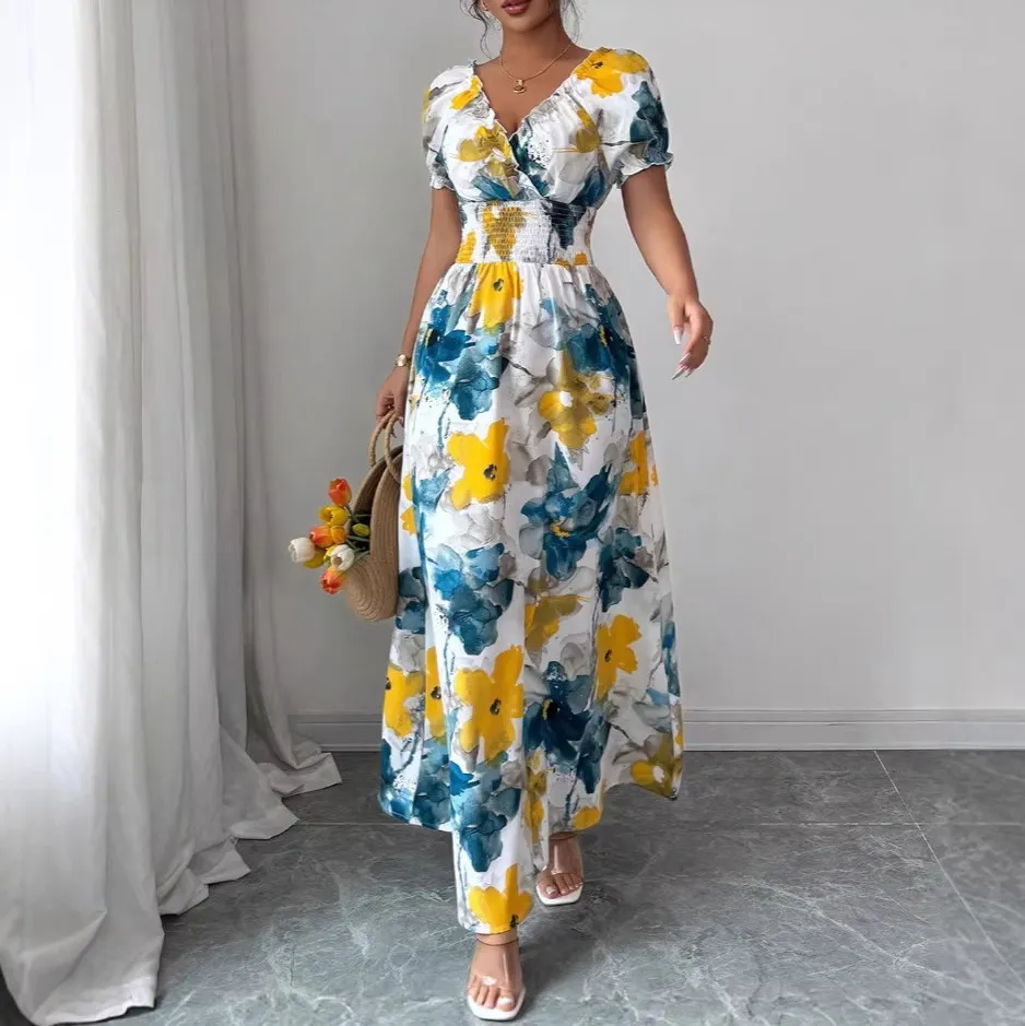 Women Fashion Casual Summer Floral Print V-Neck Bubble Sleeve A-Line Dress