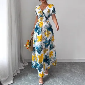 Women Fashion Casual Summer Floral Print V-Neck Bubble Sleeve A-Line Dress