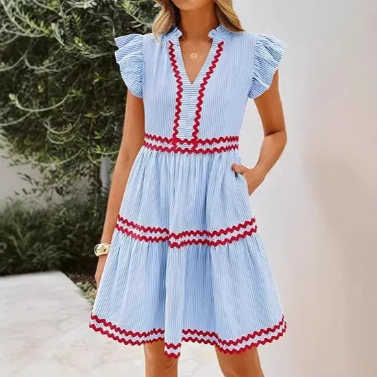 Women Fashion Casual Summer Contrast Color Stripe Stitching V-Neck Lotus Leaf Sleeve A- Line Dress