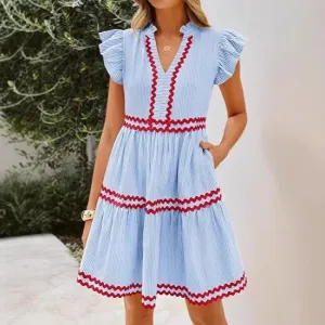 Women Fashion Casual Summer Contrast Color Stripe Stitching V-Neck Lotus Leaf Sleeve A- Line Dress