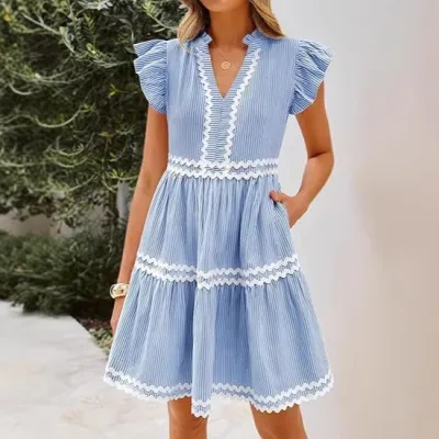 Women Fashion Casual Summer Contrast Color Stripe Stitching V-Neck Lotus Leaf Sleeve A- Line Dress