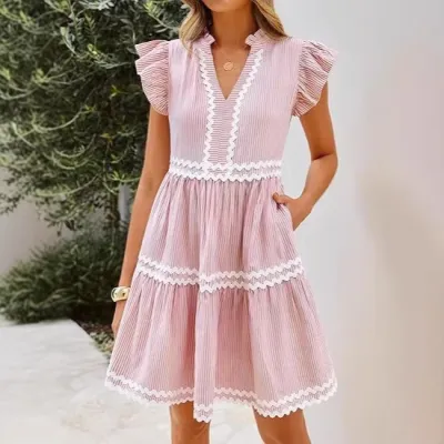 Women Fashion Casual Summer Contrast Color Stripe Stitching V-Neck Lotus Leaf Sleeve A- Line Dress