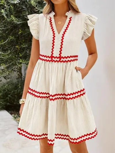 Women Fashion Casual Summer Contrast Color Stripe Stitching V-Neck Lotus Leaf Sleeve A- Line Dress