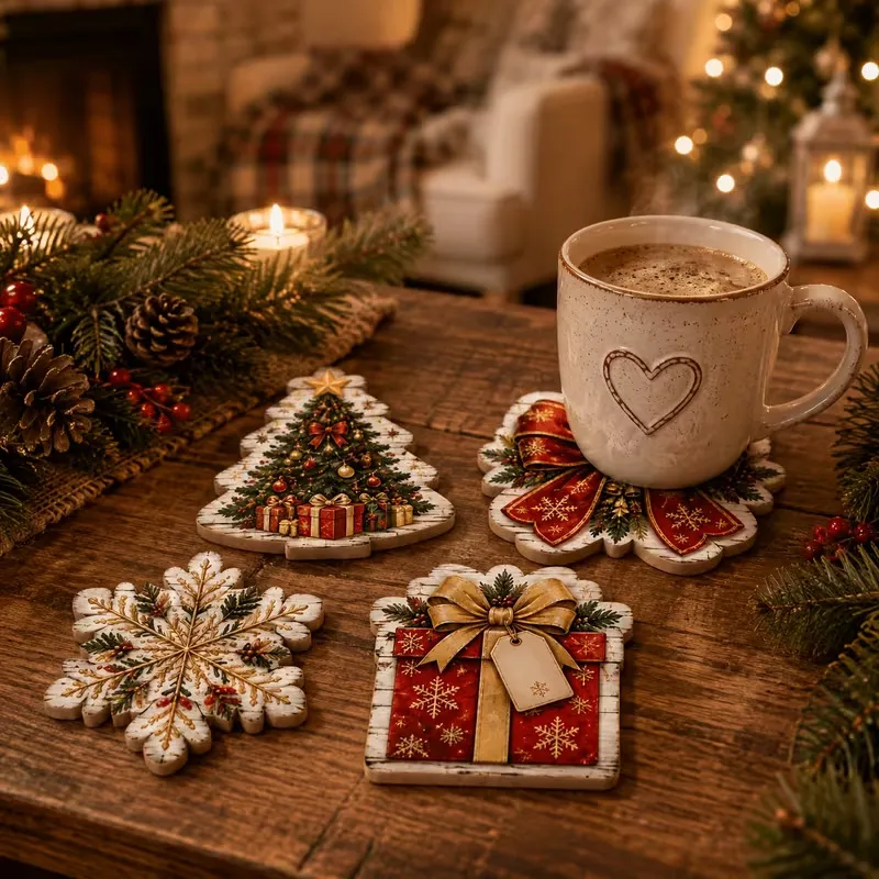 Christmas Wooden Gift Box Coaster 4pcs/Pack