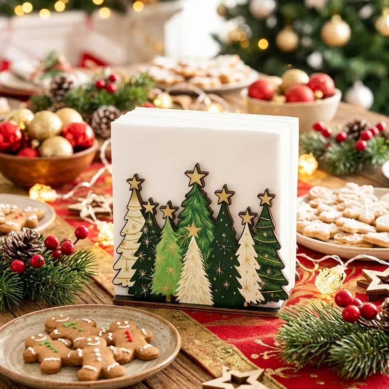 Christmas Green Wooden Napkin Holder Decorative