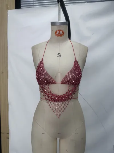 Women Sexy Rhinestone Fishing Net Hollow Neck Cropped Short Top
